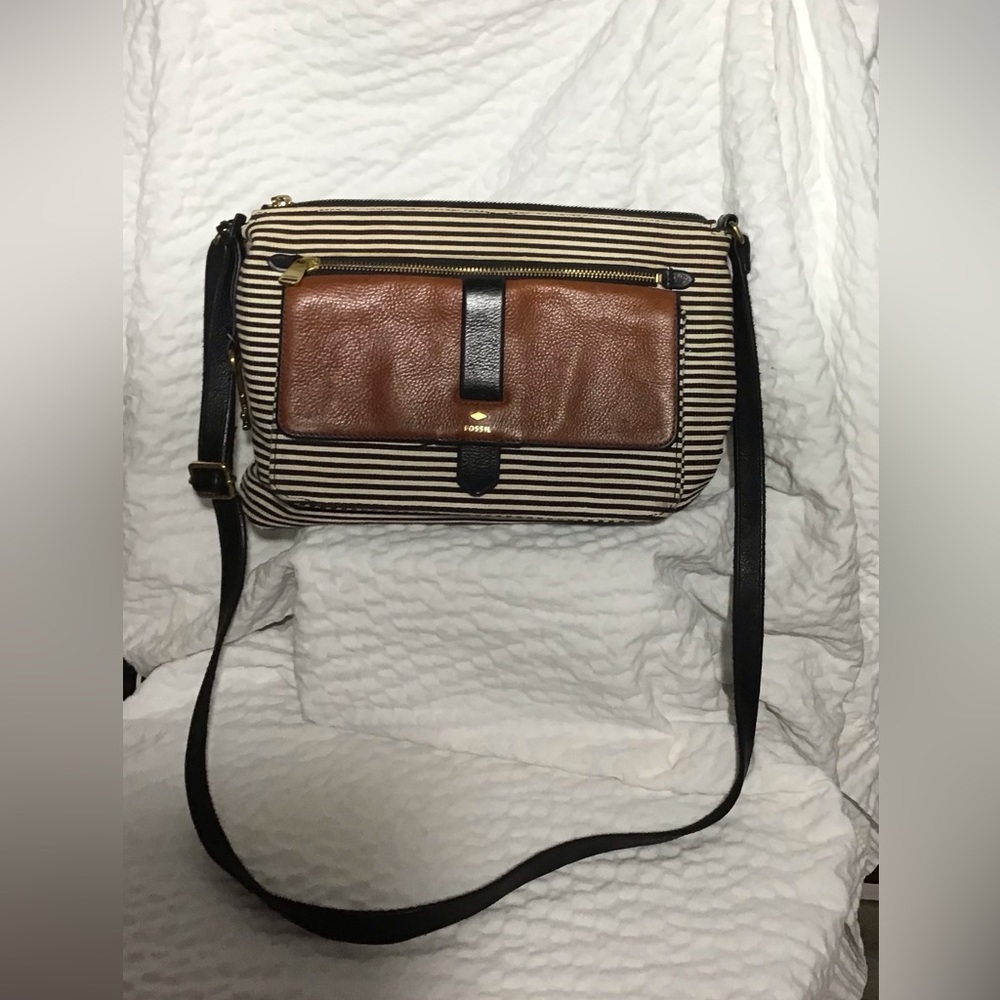 Fossil Canvas Shoulder Bag Black Stripe Leather Trim Convertible Crossbody Strap